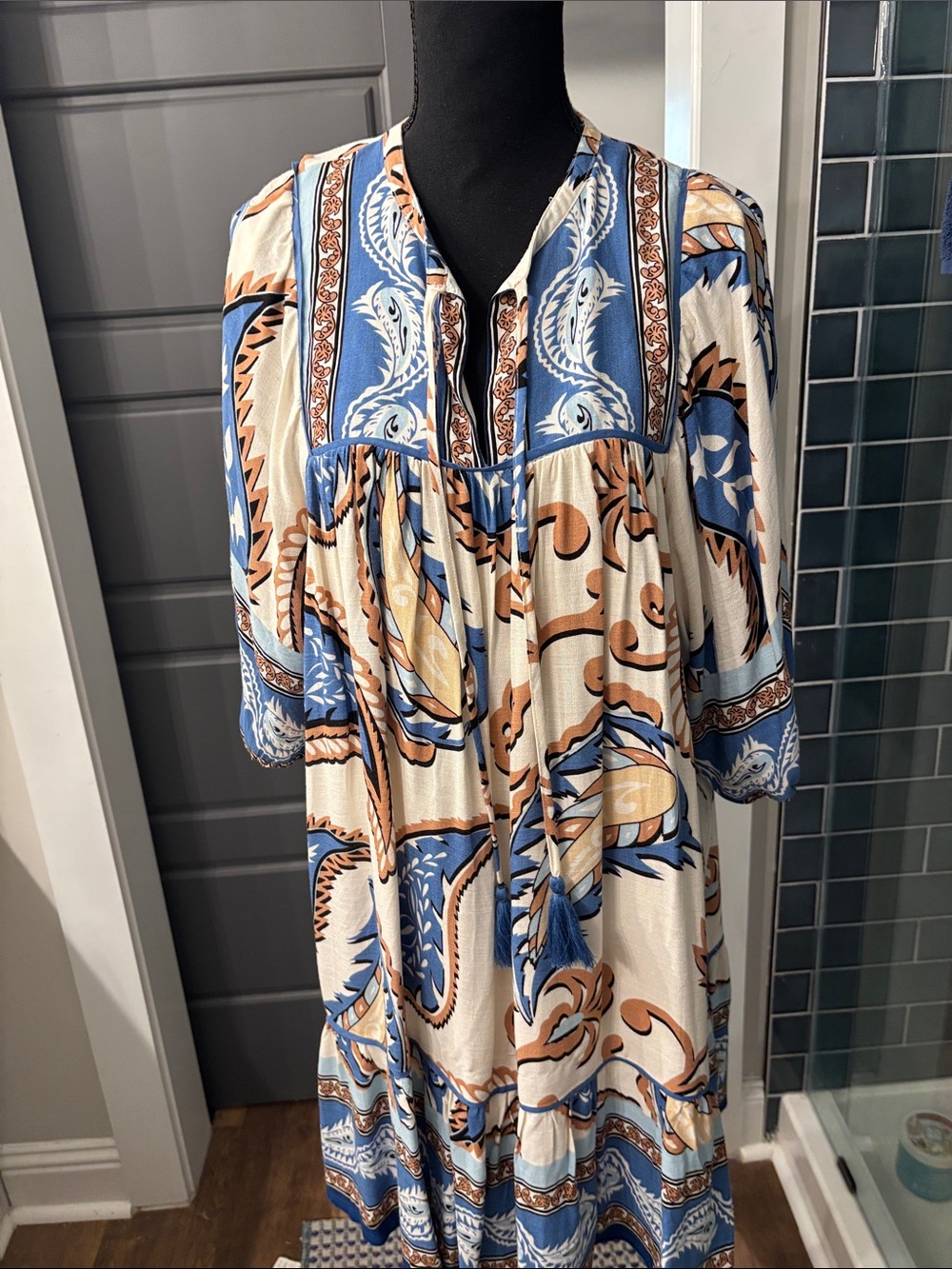 Umgee Blue, Cream & Tan Printed Boho Midi Dress